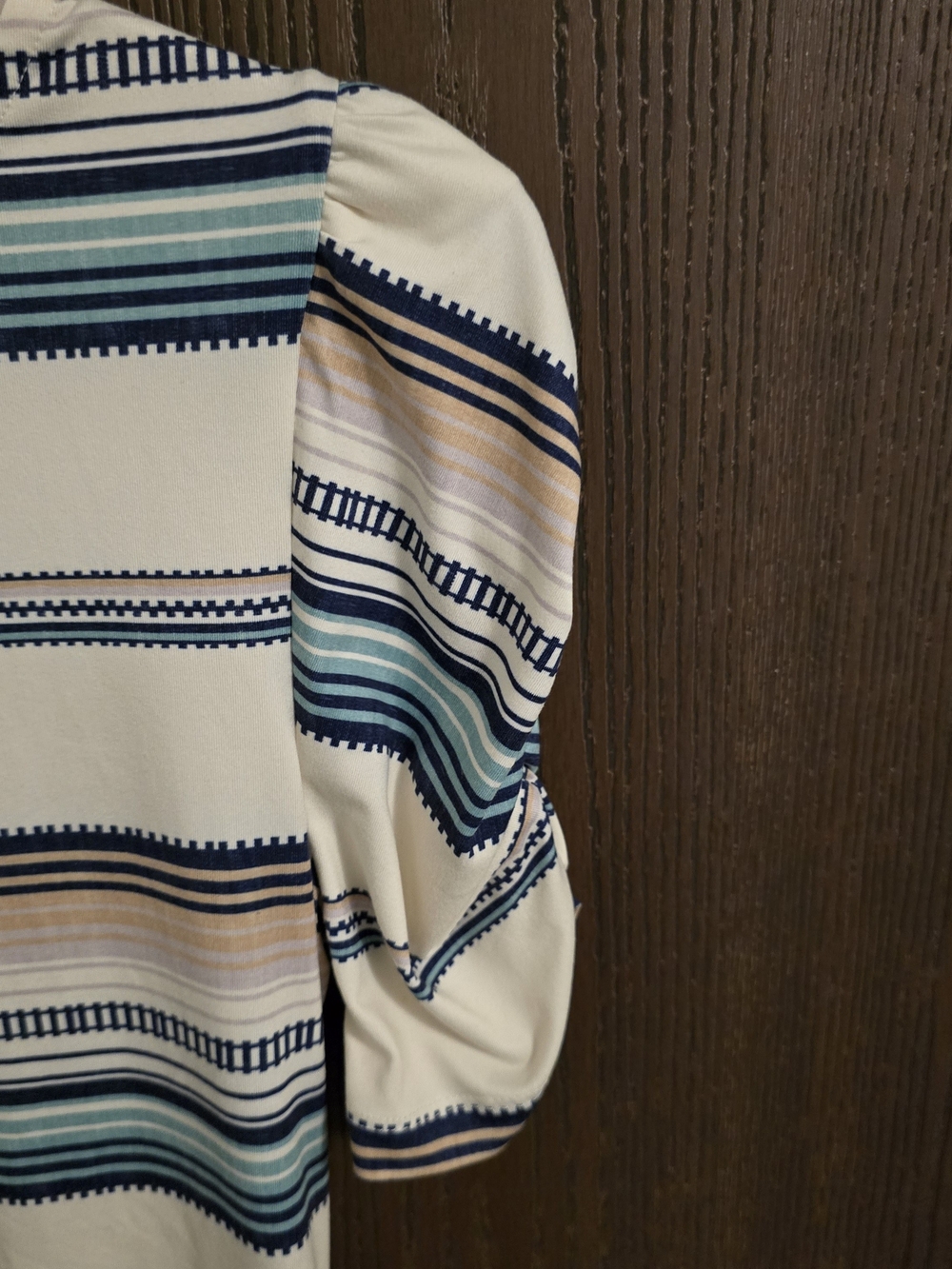 Cream Striped Puff-Sleeve Tee with Blue and Tan Stripes - Picture 2 of 4